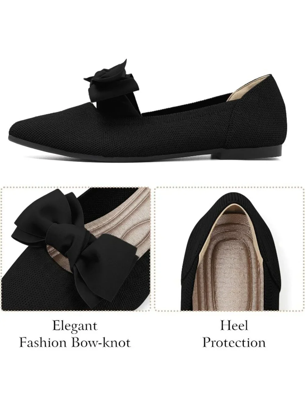 Women's Dark Black Mary Jane Shoes Pointed Toe Ballet Flats Dressy Comfortable